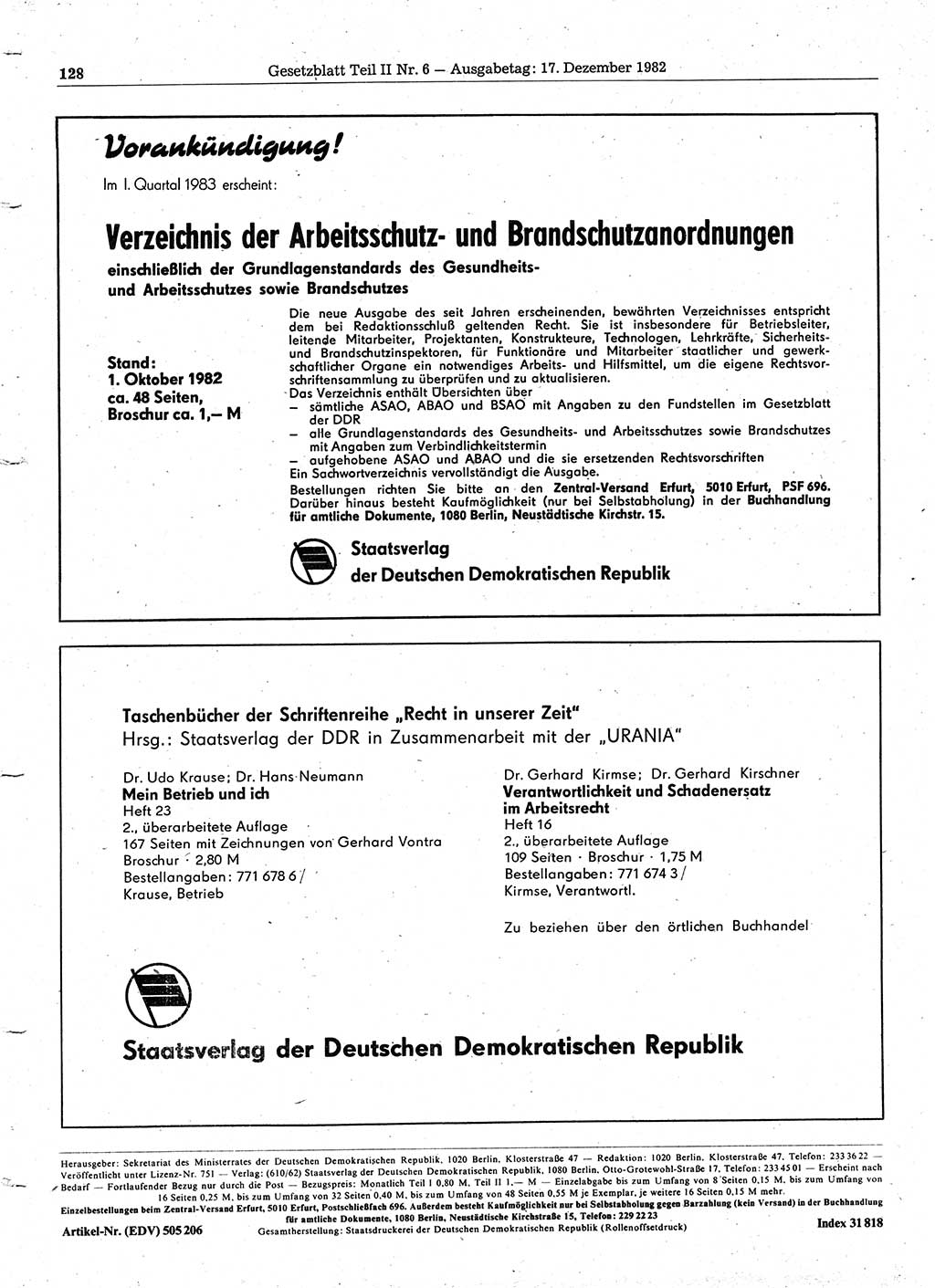 Gesetzblatt (GBl.) der Deutschen Demokratischen Republik (DDR) Teil ⅠⅠ 1982, Seite 128 (GBl. DDR ⅠⅠ 1982, S. 128)