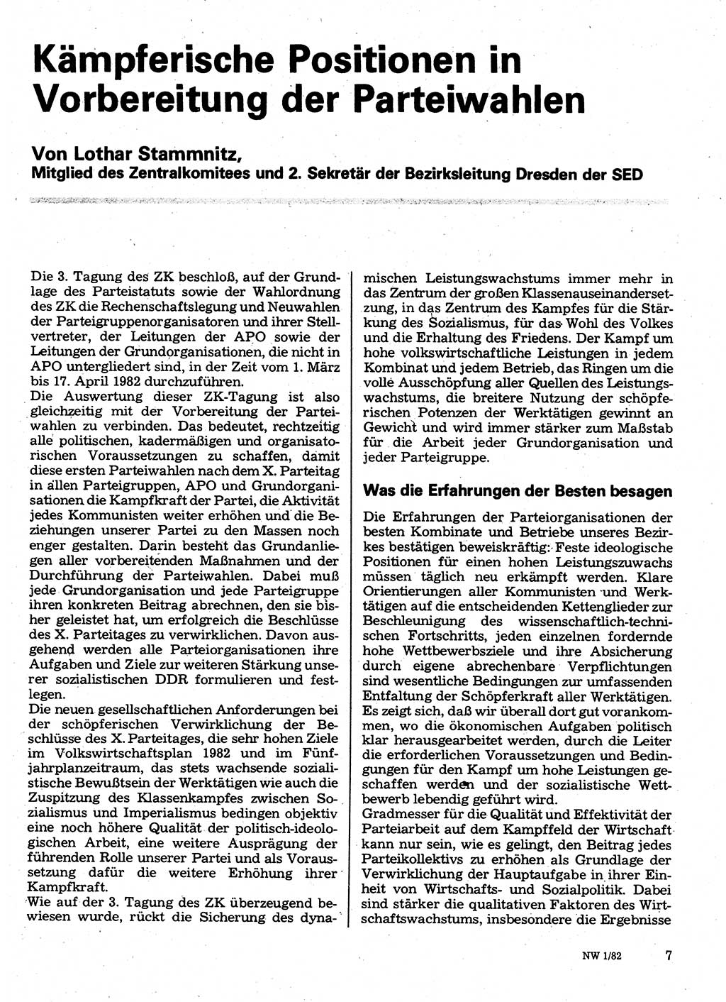 Neuer Weg (NW), Organ des Zentralkomitees (ZK) der SED (Sozialistische Einheitspartei Deutschlands) für Fragen des Parteilebens, 37. Jahrgang [Deutsche Demokratische Republik (DDR)] 1982, Seite 7 (NW ZK SED DDR 1982, S. 7)