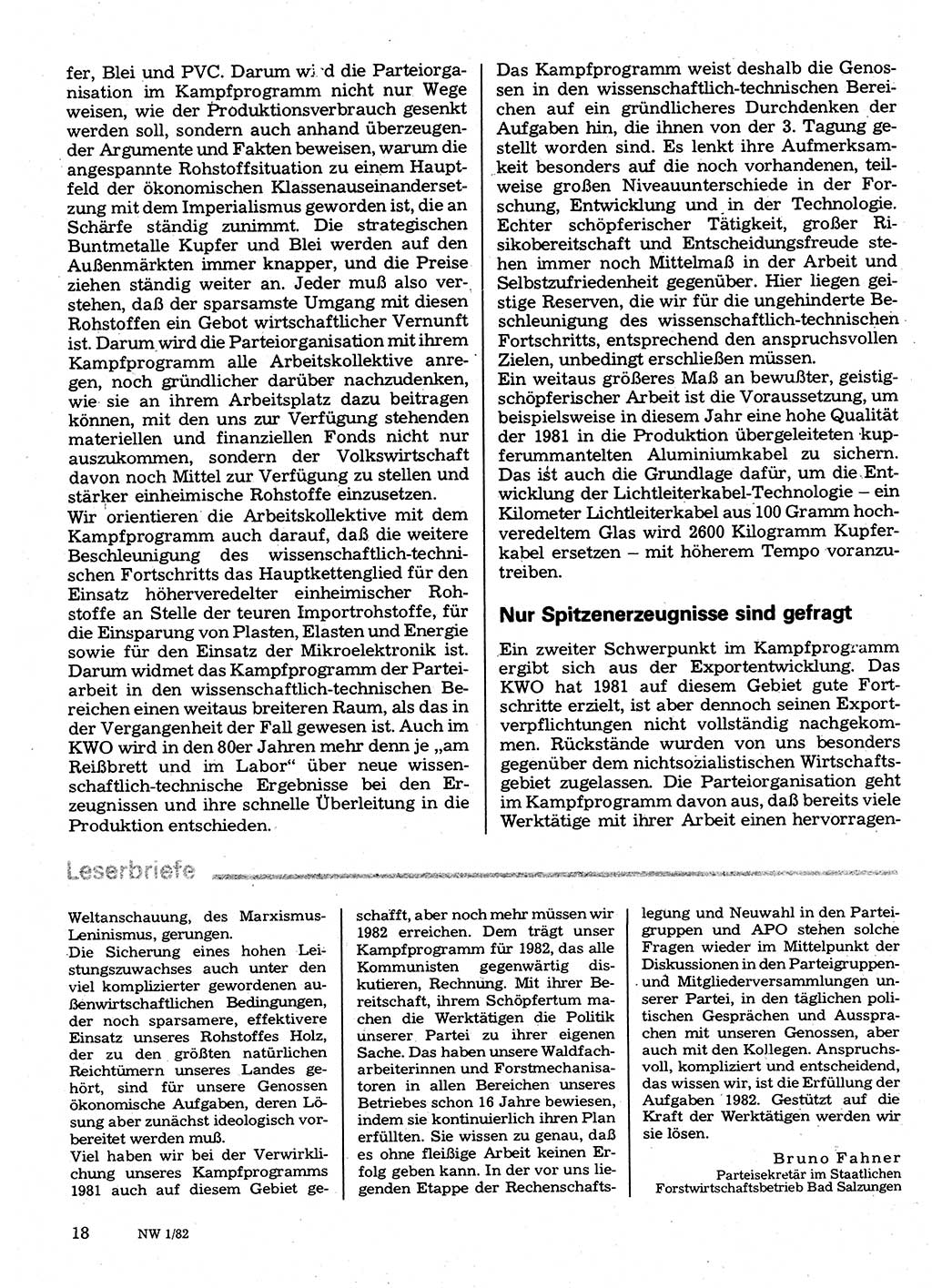 Neuer Weg (NW), Organ des Zentralkomitees (ZK) der SED (Sozialistische Einheitspartei Deutschlands) für Fragen des Parteilebens, 37. Jahrgang [Deutsche Demokratische Republik (DDR)] 1982, Seite 18 (NW ZK SED DDR 1982, S. 18)
