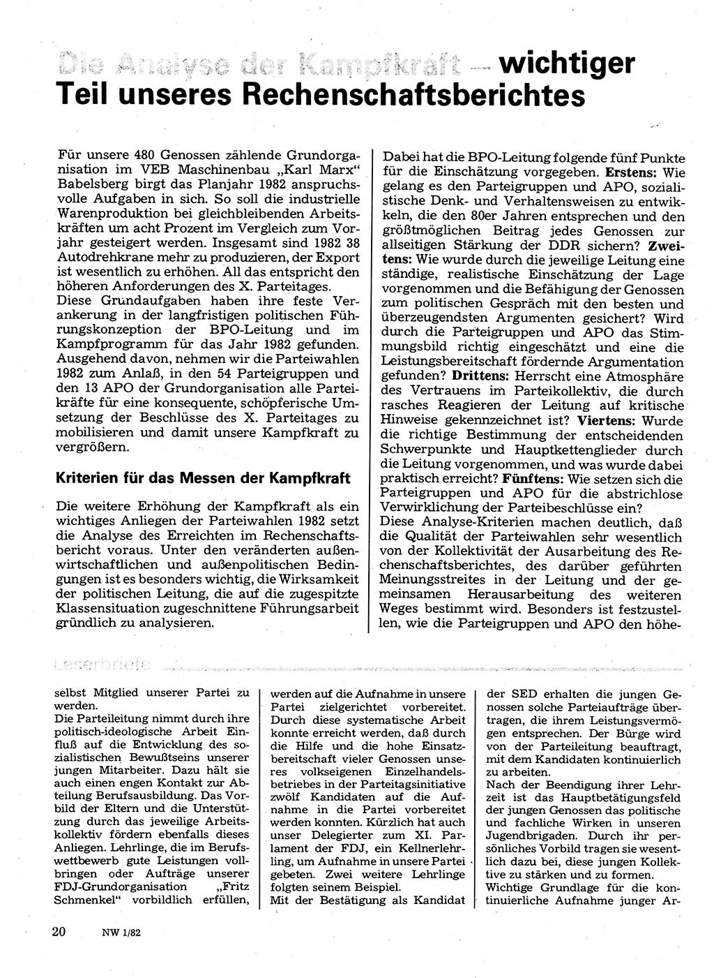 Neuer Weg (NW), Organ des Zentralkomitees (ZK) der SED (Sozialistische Einheitspartei Deutschlands) für Fragen des Parteilebens, 37. Jahrgang [Deutsche Demokratische Republik (DDR)] 1982, Seite 20 (NW ZK SED DDR 1982, S. 20)
