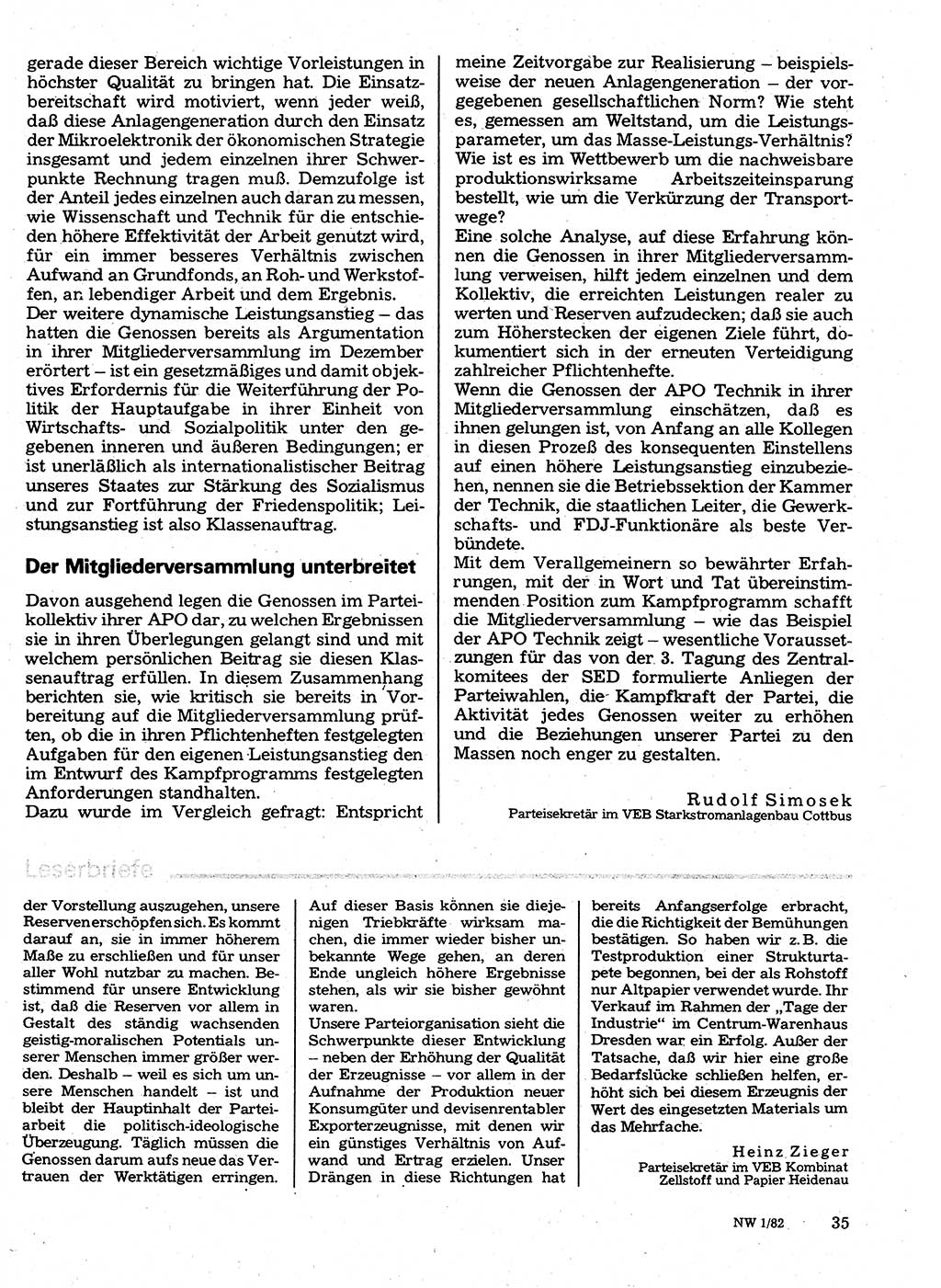 Neuer Weg (NW), Organ des Zentralkomitees (ZK) der SED (Sozialistische Einheitspartei Deutschlands) für Fragen des Parteilebens, 37. Jahrgang [Deutsche Demokratische Republik (DDR)] 1982, Seite 35 (NW ZK SED DDR 1982, S. 35)