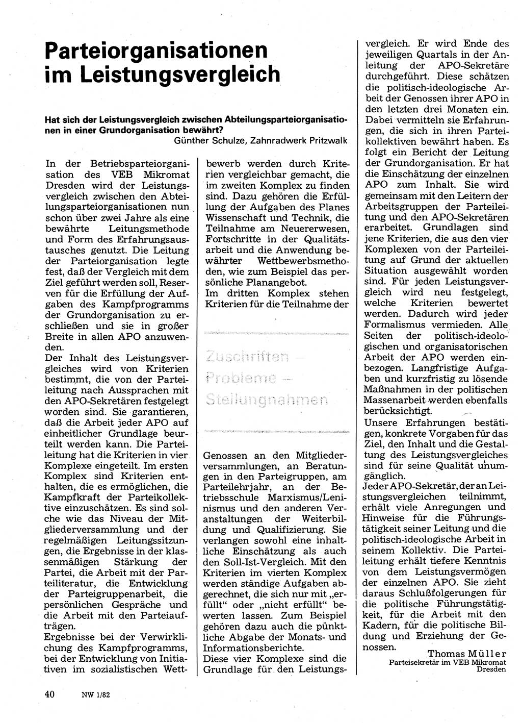 Neuer Weg (NW), Organ des Zentralkomitees (ZK) der SED (Sozialistische Einheitspartei Deutschlands) für Fragen des Parteilebens, 37. Jahrgang [Deutsche Demokratische Republik (DDR)] 1982, Seite 40 (NW ZK SED DDR 1982, S. 40)