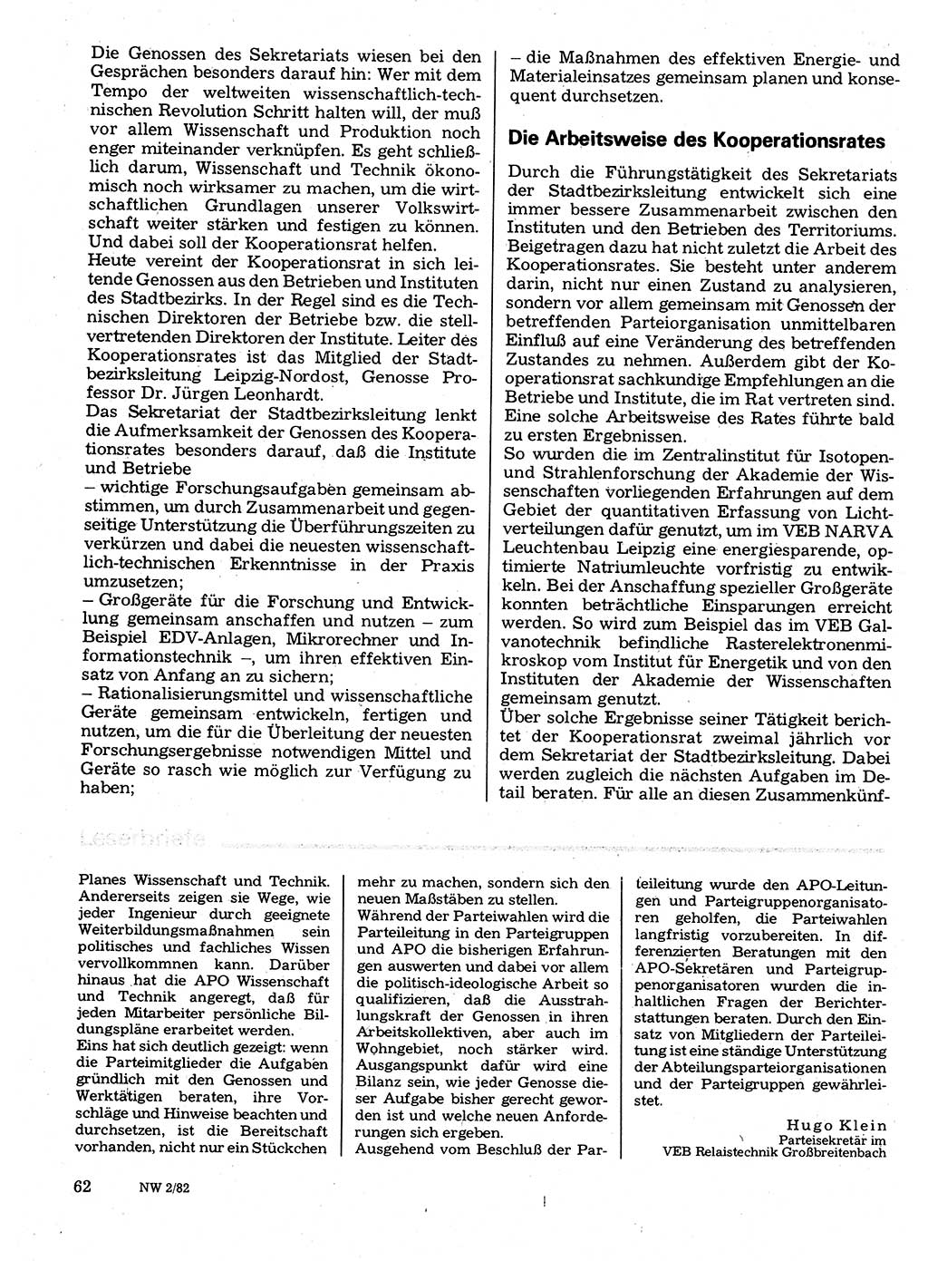 Neuer Weg (NW), Organ des Zentralkomitees (ZK) der SED (Sozialistische Einheitspartei Deutschlands) für Fragen des Parteilebens, 37. Jahrgang [Deutsche Demokratische Republik (DDR)] 1982, Seite 62 (NW ZK SED DDR 1982, S. 62)