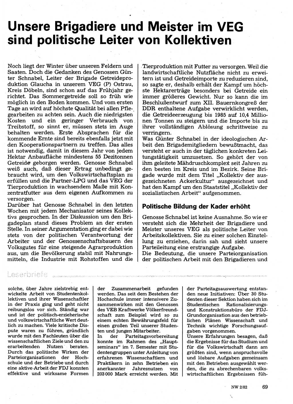 Neuer Weg (NW), Organ des Zentralkomitees (ZK) der SED (Sozialistische Einheitspartei Deutschlands) für Fragen des Parteilebens, 37. Jahrgang [Deutsche Demokratische Republik (DDR)] 1982, Seite 69 (NW ZK SED DDR 1982, S. 69)