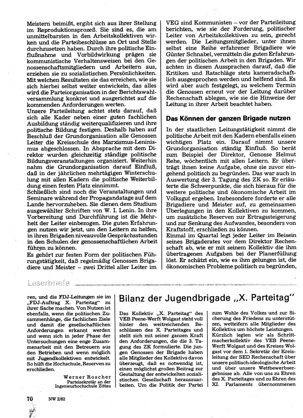 Neuer Weg (NW), Organ des Zentralkomitees (ZK) der SED (Sozialistische Einheitspartei Deutschlands) für Fragen des Parteilebens, 37. Jahrgang [Deutsche Demokratische Republik (DDR)] 1982, Seite 70 (NW ZK SED DDR 1982, S. 70)