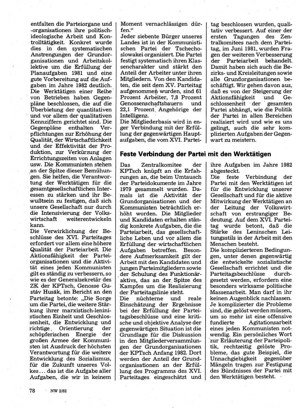 Neuer Weg (NW), Organ des Zentralkomitees (ZK) der SED (Sozialistische Einheitspartei Deutschlands) für Fragen des Parteilebens, 37. Jahrgang [Deutsche Demokratische Republik (DDR)] 1982, Seite 78 (NW ZK SED DDR 1982, S. 78)
