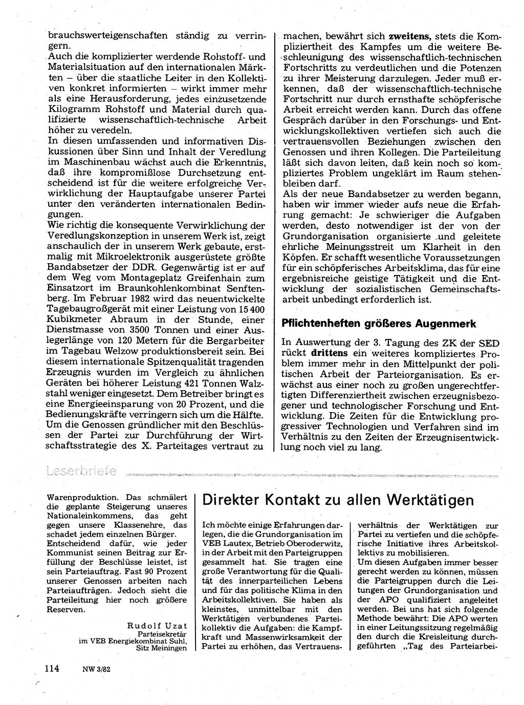 Neuer Weg (NW), Organ des Zentralkomitees (ZK) der SED (Sozialistische Einheitspartei Deutschlands) für Fragen des Parteilebens, 37. Jahrgang [Deutsche Demokratische Republik (DDR)] 1982, Seite 114 (NW ZK SED DDR 1982, S. 114)