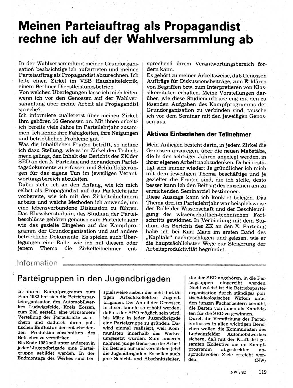 Neuer Weg (NW), Organ des Zentralkomitees (ZK) der SED (Sozialistische Einheitspartei Deutschlands) für Fragen des Parteilebens, 37. Jahrgang [Deutsche Demokratische Republik (DDR)] 1982, Seite 119 (NW ZK SED DDR 1982, S. 119)