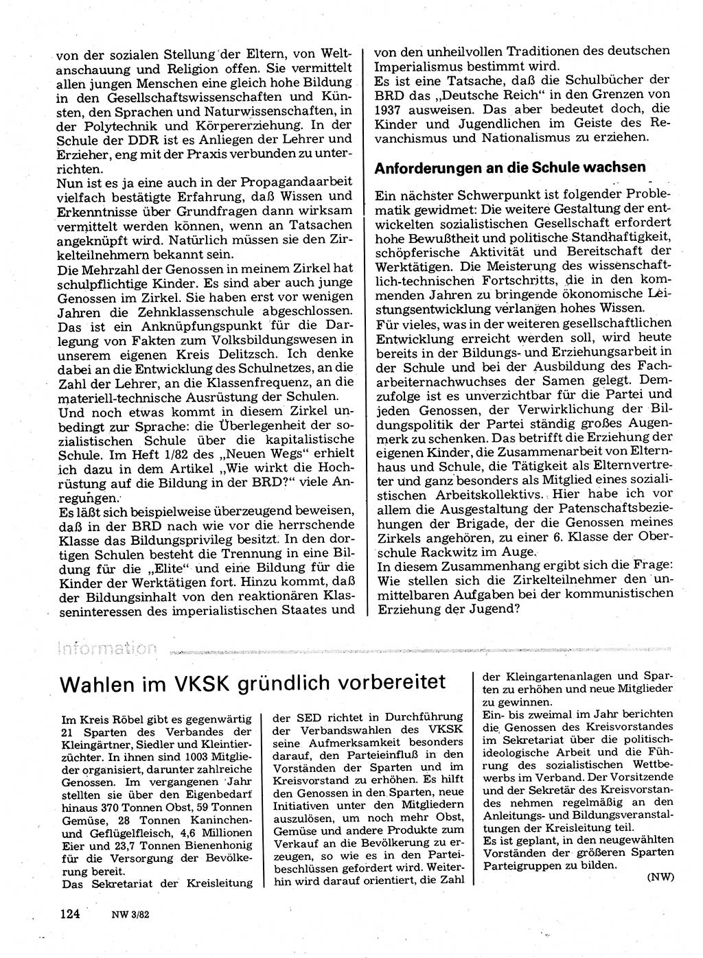 Neuer Weg (NW), Organ des Zentralkomitees (ZK) der SED (Sozialistische Einheitspartei Deutschlands) für Fragen des Parteilebens, 37. Jahrgang [Deutsche Demokratische Republik (DDR)] 1982, Seite 124 (NW ZK SED DDR 1982, S. 124)