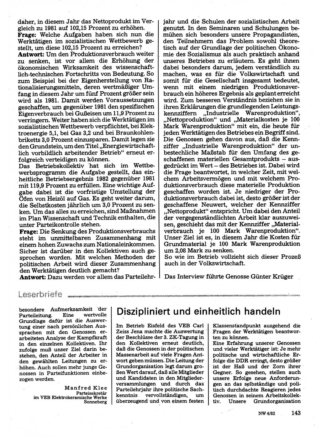 Neuer Weg (NW), Organ des Zentralkomitees (ZK) der SED (Sozialistische Einheitspartei Deutschlands) für Fragen des Parteilebens, 37. Jahrgang [Deutsche Demokratische Republik (DDR)] 1982, Seite 143 (NW ZK SED DDR 1982, S. 143)