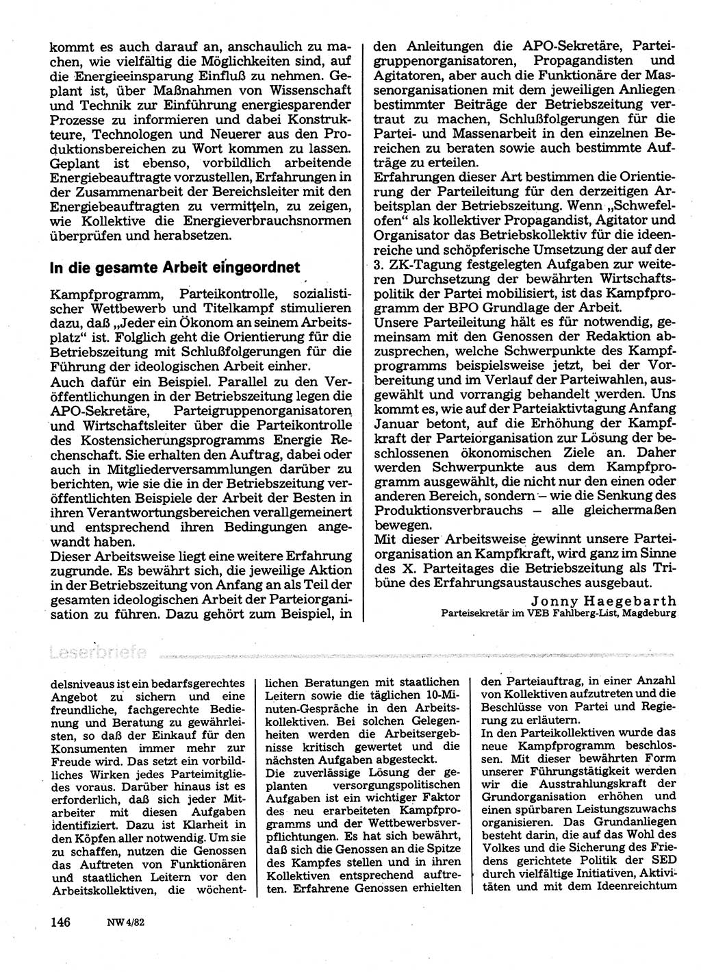 Neuer Weg (NW), Organ des Zentralkomitees (ZK) der SED (Sozialistische Einheitspartei Deutschlands) für Fragen des Parteilebens, 37. Jahrgang [Deutsche Demokratische Republik (DDR)] 1982, Seite 146 (NW ZK SED DDR 1982, S. 146)