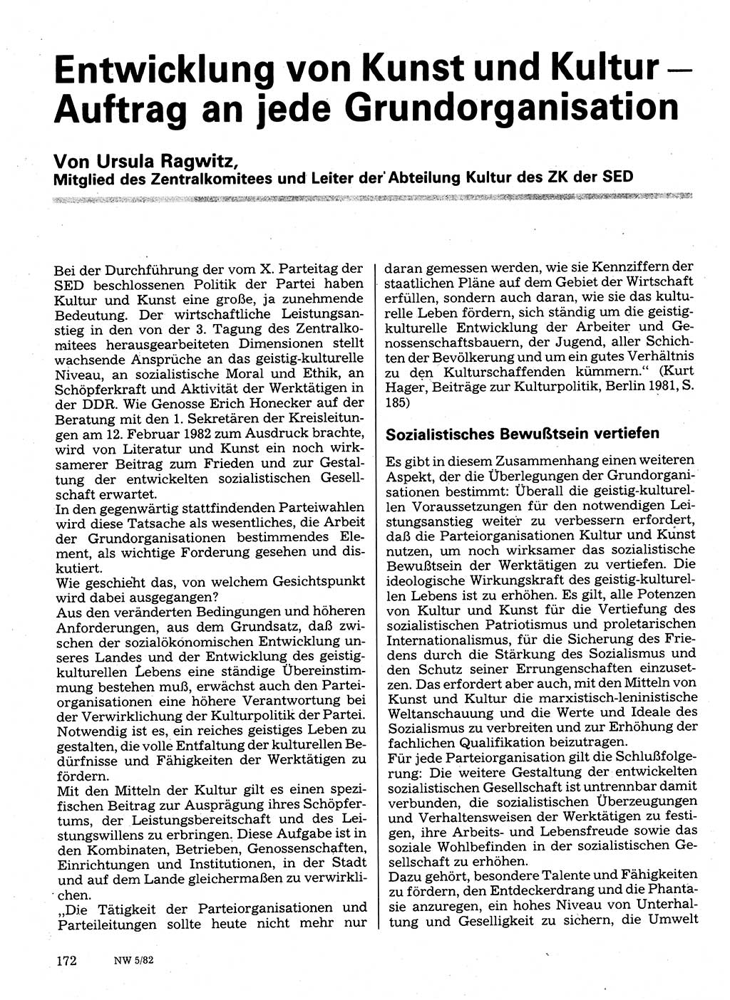 Neuer Weg (NW), Organ des Zentralkomitees (ZK) der SED (Sozialistische Einheitspartei Deutschlands) für Fragen des Parteilebens, 37. Jahrgang [Deutsche Demokratische Republik (DDR)] 1982, Seite 172 (NW ZK SED DDR 1982, S. 172)