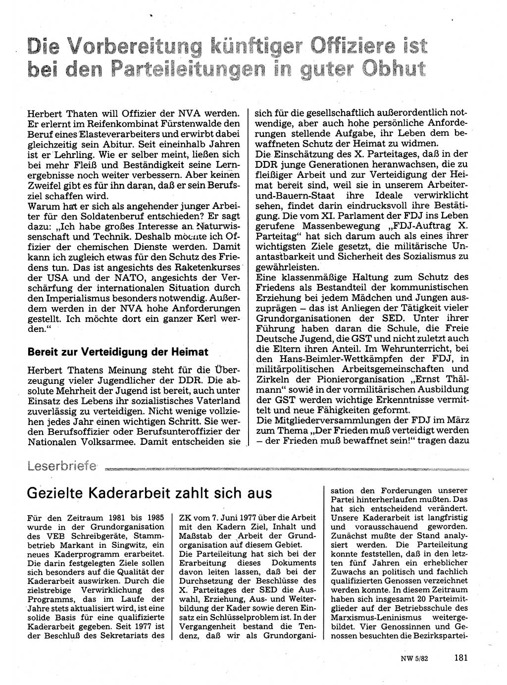 Neuer Weg (NW), Organ des Zentralkomitees (ZK) der SED (Sozialistische Einheitspartei Deutschlands) für Fragen des Parteilebens, 37. Jahrgang [Deutsche Demokratische Republik (DDR)] 1982, Seite 181 (NW ZK SED DDR 1982, S. 181)