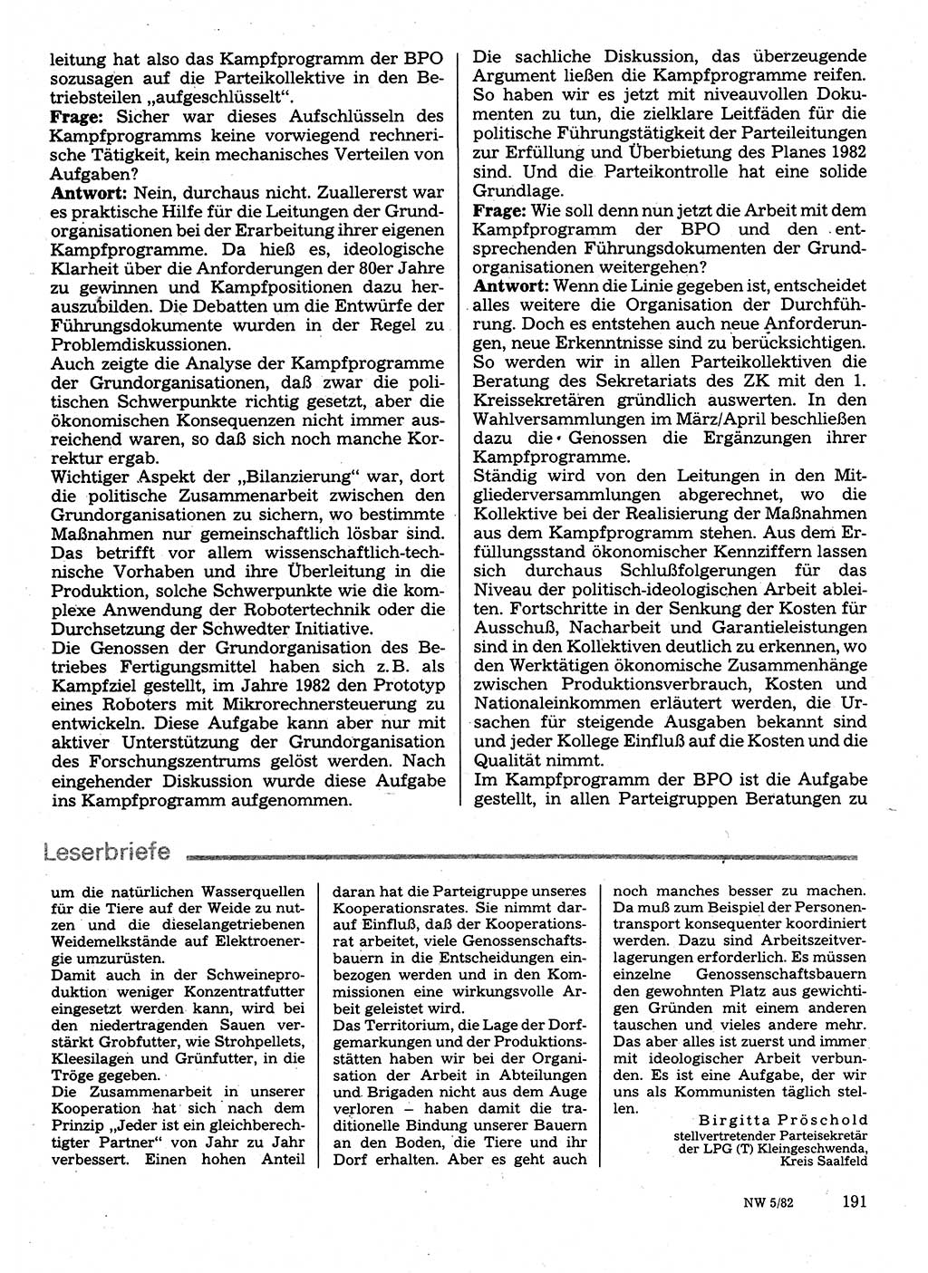 Neuer Weg (NW), Organ des Zentralkomitees (ZK) der SED (Sozialistische Einheitspartei Deutschlands) für Fragen des Parteilebens, 37. Jahrgang [Deutsche Demokratische Republik (DDR)] 1982, Seite 191 (NW ZK SED DDR 1982, S. 191)