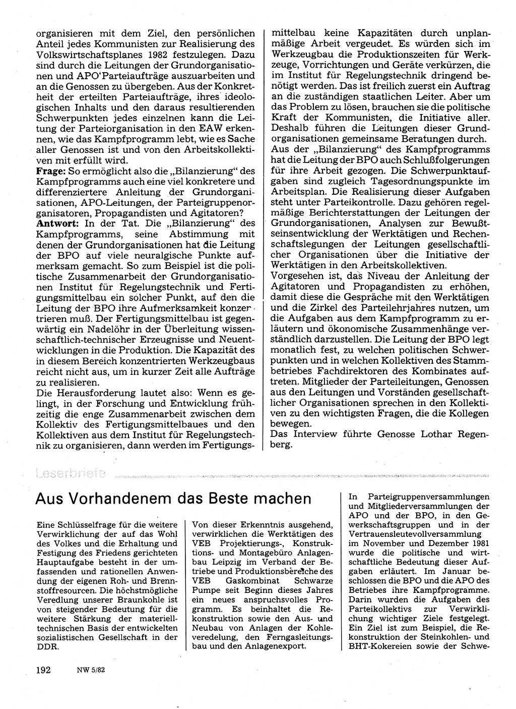 Neuer Weg (NW), Organ des Zentralkomitees (ZK) der SED (Sozialistische Einheitspartei Deutschlands) für Fragen des Parteilebens, 37. Jahrgang [Deutsche Demokratische Republik (DDR)] 1982, Seite 192 (NW ZK SED DDR 1982, S. 192)