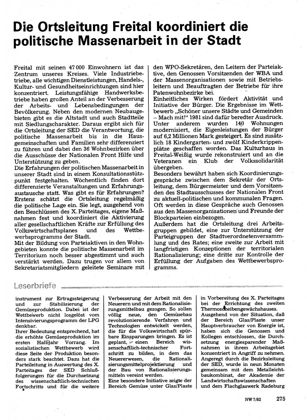 Neuer Weg (NW), Organ des Zentralkomitees (ZK) der SED (Sozialistische Einheitspartei Deutschlands) für Fragen des Parteilebens, 37. Jahrgang [Deutsche Demokratische Republik (DDR)] 1982, Seite 275 (NW ZK SED DDR 1982, S. 275)