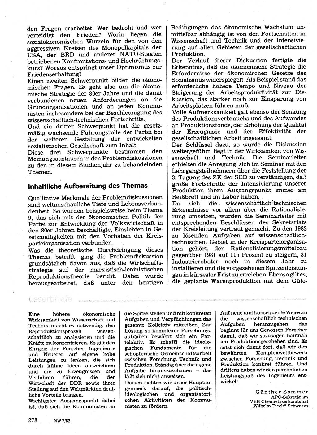 Neuer Weg (NW), Organ des Zentralkomitees (ZK) der SED (Sozialistische Einheitspartei Deutschlands) für Fragen des Parteilebens, 37. Jahrgang [Deutsche Demokratische Republik (DDR)] 1982, Seite 278 (NW ZK SED DDR 1982, S. 278)