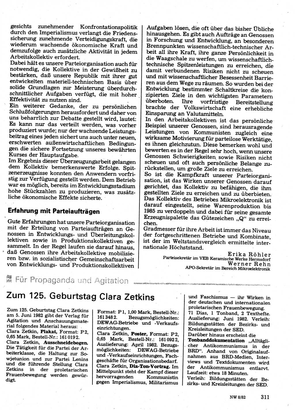 Neuer Weg (NW), Organ des Zentralkomitees (ZK) der SED (Sozialistische Einheitspartei Deutschlands) für Fragen des Parteilebens, 37. Jahrgang [Deutsche Demokratische Republik (DDR)] 1982, Seite 311 (NW ZK SED DDR 1982, S. 311)