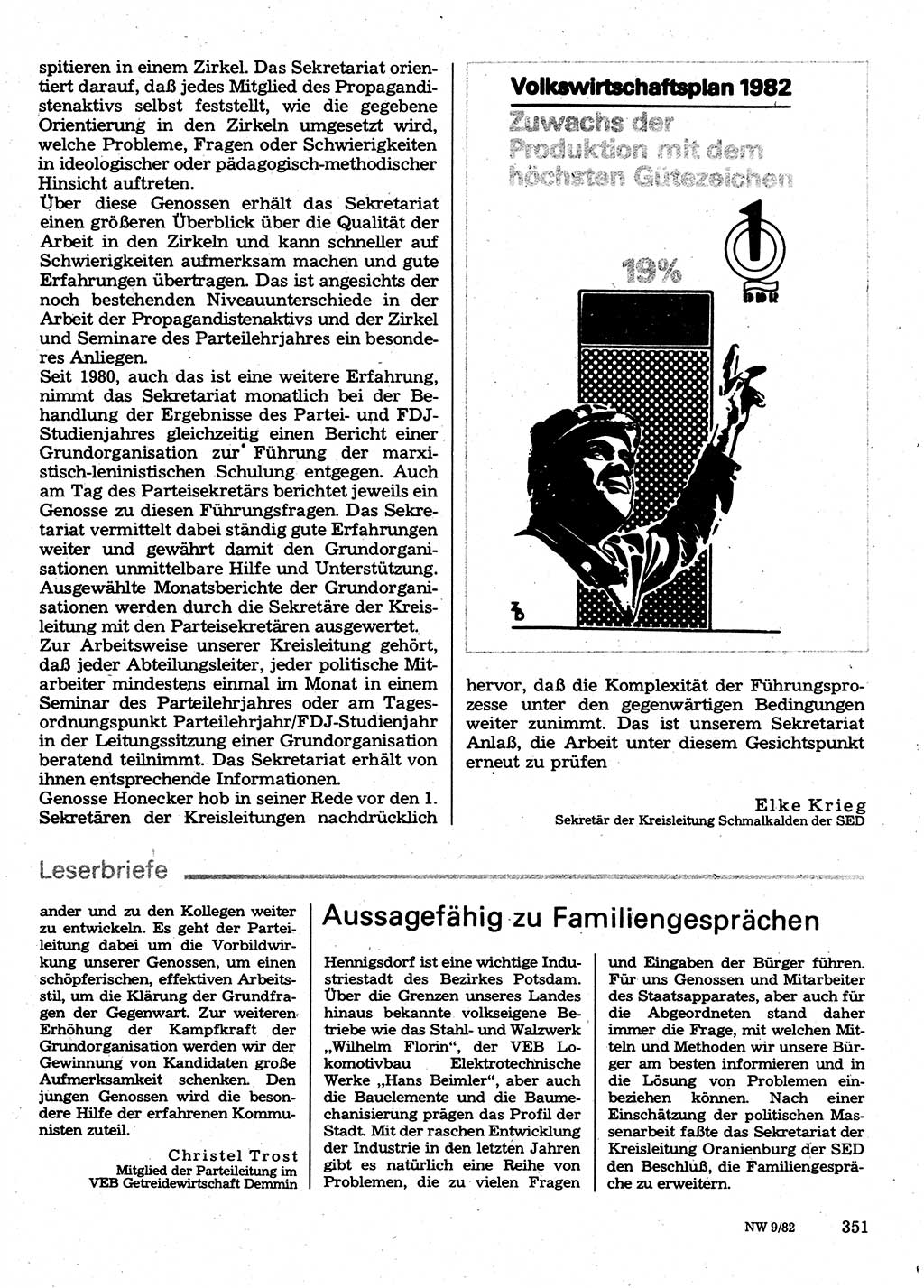 Neuer Weg (NW), Organ des Zentralkomitees (ZK) der SED (Sozialistische Einheitspartei Deutschlands) für Fragen des Parteilebens, 37. Jahrgang [Deutsche Demokratische Republik (DDR)] 1982, Seite 351 (NW ZK SED DDR 1982, S. 351)