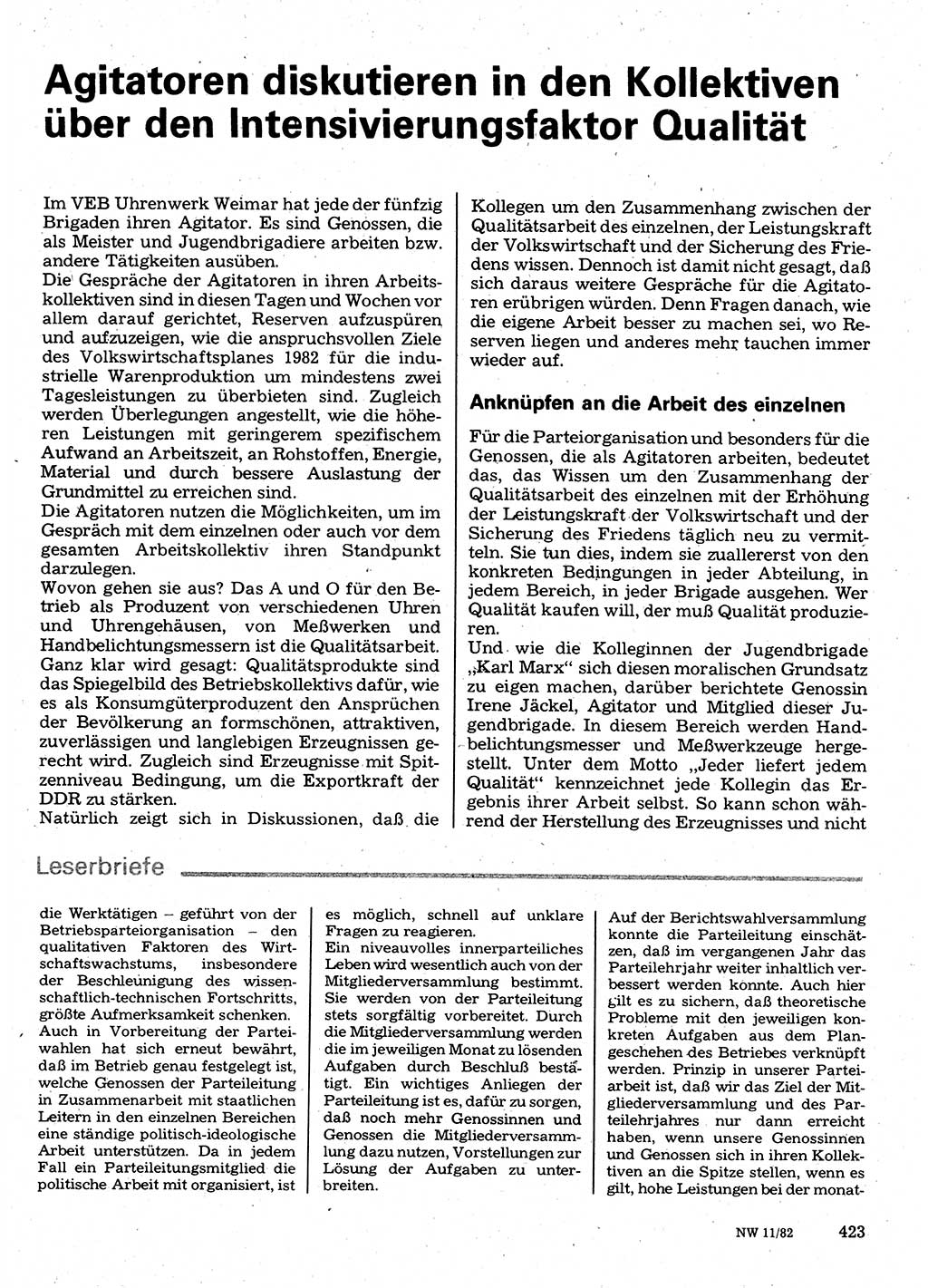 Neuer Weg (NW), Organ des Zentralkomitees (ZK) der SED (Sozialistische Einheitspartei Deutschlands) für Fragen des Parteilebens, 37. Jahrgang [Deutsche Demokratische Republik (DDR)] 1982, Seite 423 (NW ZK SED DDR 1982, S. 423)
