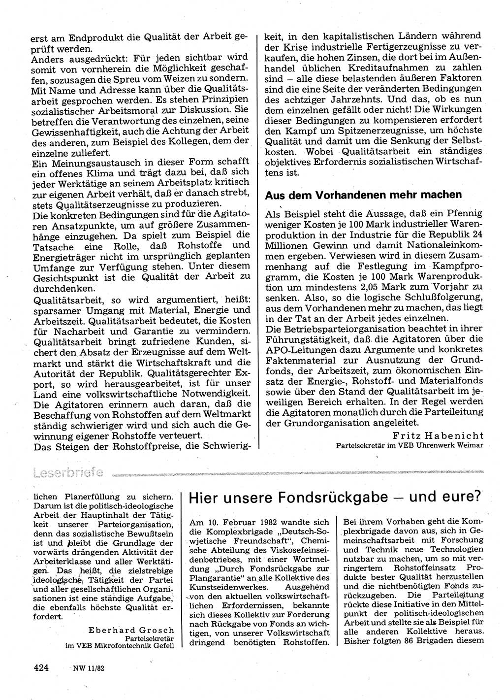 Neuer Weg (NW), Organ des Zentralkomitees (ZK) der SED (Sozialistische Einheitspartei Deutschlands) für Fragen des Parteilebens, 37. Jahrgang [Deutsche Demokratische Republik (DDR)] 1982, Seite 424 (NW ZK SED DDR 1982, S. 424)