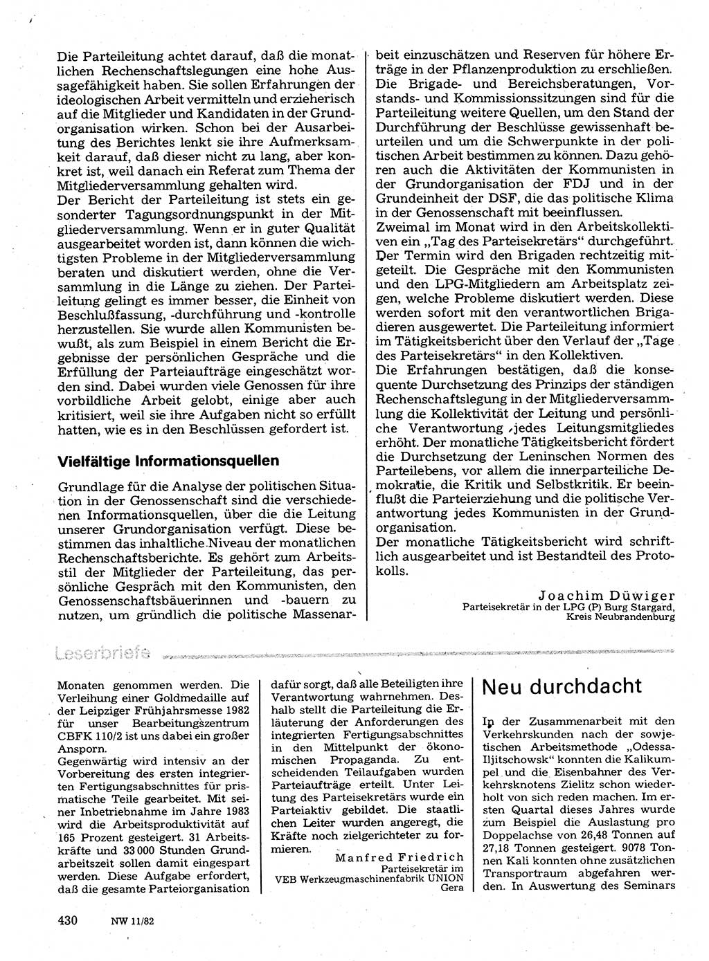 Neuer Weg (NW), Organ des Zentralkomitees (ZK) der SED (Sozialistische Einheitspartei Deutschlands) für Fragen des Parteilebens, 37. Jahrgang [Deutsche Demokratische Republik (DDR)] 1982, Seite 430 (NW ZK SED DDR 1982, S. 430)