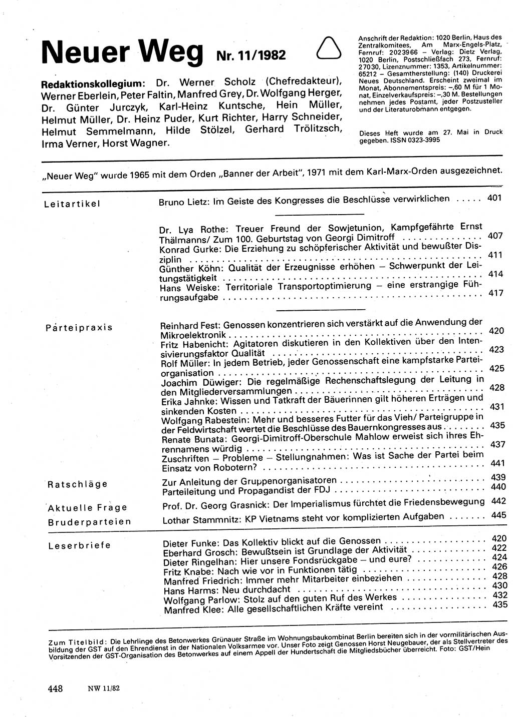 Neuer Weg (NW), Organ des Zentralkomitees (ZK) der SED (Sozialistische Einheitspartei Deutschlands) für Fragen des Parteilebens, 37. Jahrgang [Deutsche Demokratische Republik (DDR)] 1982, Seite 448 (NW ZK SED DDR 1982, S. 448)