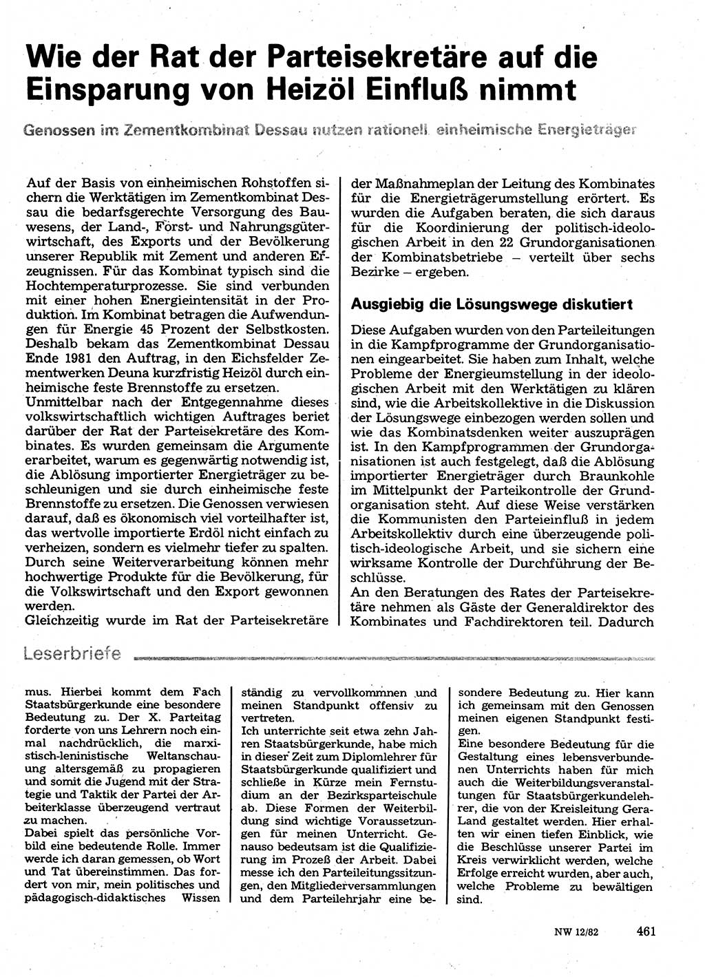 Neuer Weg (NW), Organ des Zentralkomitees (ZK) der SED (Sozialistische Einheitspartei Deutschlands) für Fragen des Parteilebens, 37. Jahrgang [Deutsche Demokratische Republik (DDR)] 1982, Seite 461 (NW ZK SED DDR 1982, S. 461)