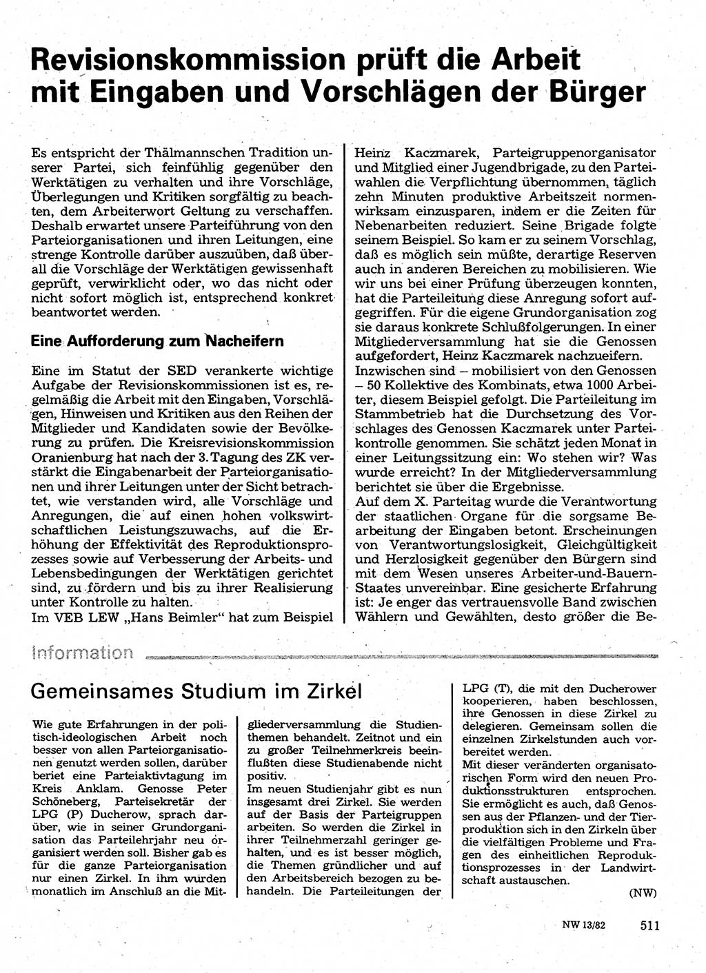 Neuer Weg (NW), Organ des Zentralkomitees (ZK) der SED (Sozialistische Einheitspartei Deutschlands) fÃ¼r Fragen des Parteilebens, 37. Jahrgang [Deutsche Demokratische Republik (DDR)] 1982, Seite 511 (NW ZK SED DDR 1982, S. 511)