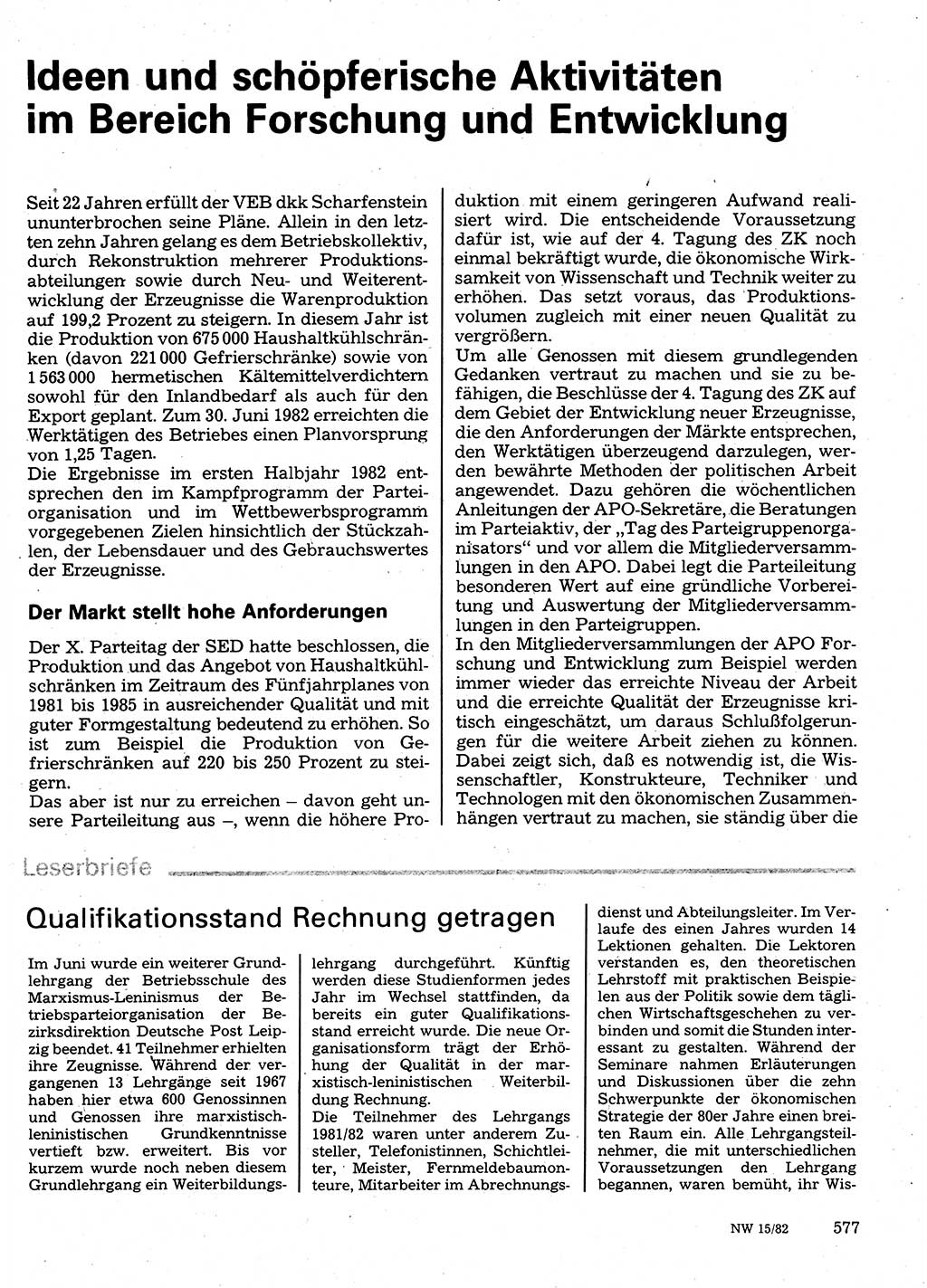 Neuer Weg (NW), Organ des Zentralkomitees (ZK) der SED (Sozialistische Einheitspartei Deutschlands) für Fragen des Parteilebens, 37. Jahrgang [Deutsche Demokratische Republik (DDR)] 1982, Seite 577 (NW ZK SED DDR 1982, S. 577)