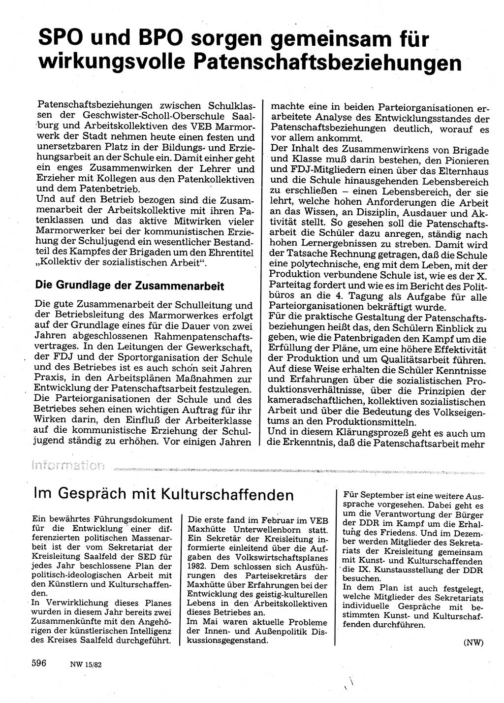 Neuer Weg (NW), Organ des Zentralkomitees (ZK) der SED (Sozialistische Einheitspartei Deutschlands) für Fragen des Parteilebens, 37. Jahrgang [Deutsche Demokratische Republik (DDR)] 1982, Seite 596 (NW ZK SED DDR 1982, S. 596)