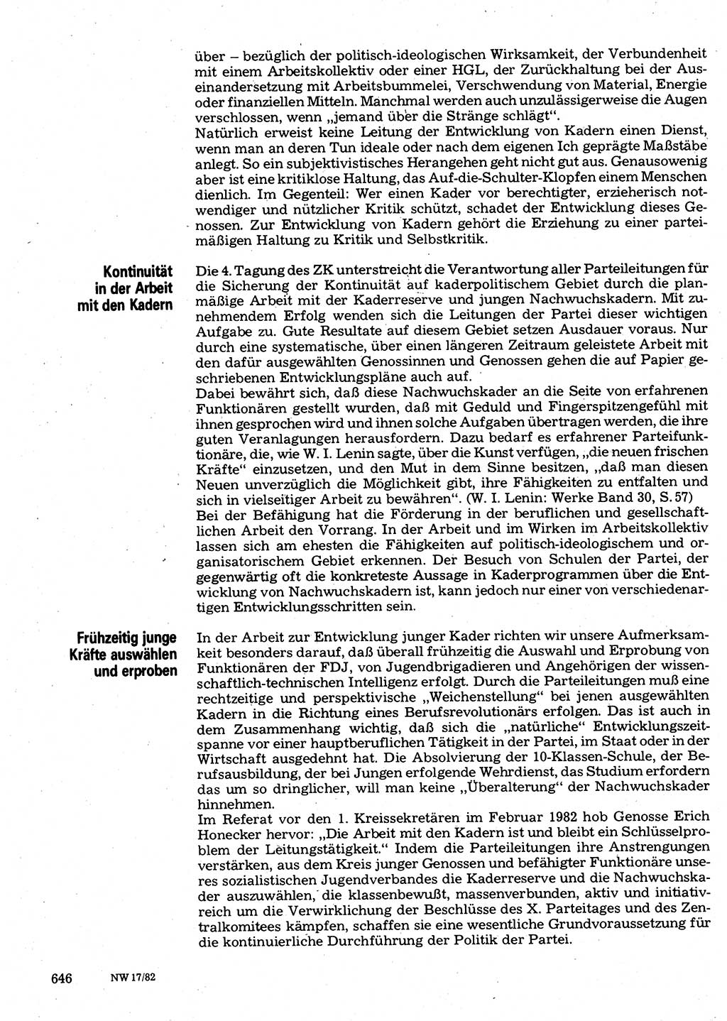 Neuer Weg (NW), Organ des Zentralkomitees (ZK) der SED (Sozialistische Einheitspartei Deutschlands) für Fragen des Parteilebens, 37. Jahrgang [Deutsche Demokratische Republik (DDR)] 1982, Seite 646 (NW ZK SED DDR 1982, S. 646)