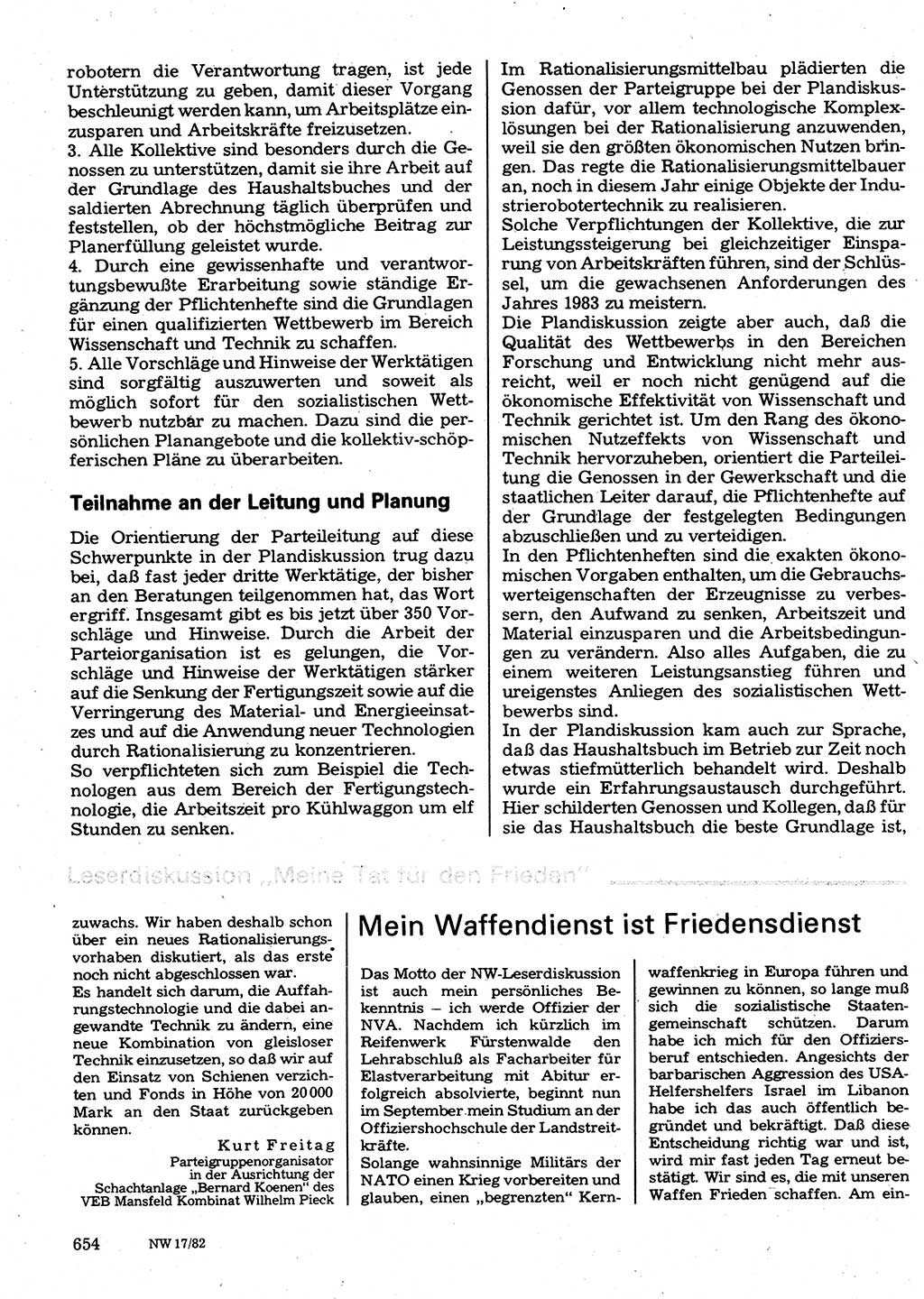 Neuer Weg (NW), Organ des Zentralkomitees (ZK) der SED (Sozialistische Einheitspartei Deutschlands) für Fragen des Parteilebens, 37. Jahrgang [Deutsche Demokratische Republik (DDR)] 1982, Seite 654 (NW ZK SED DDR 1982, S. 654)
