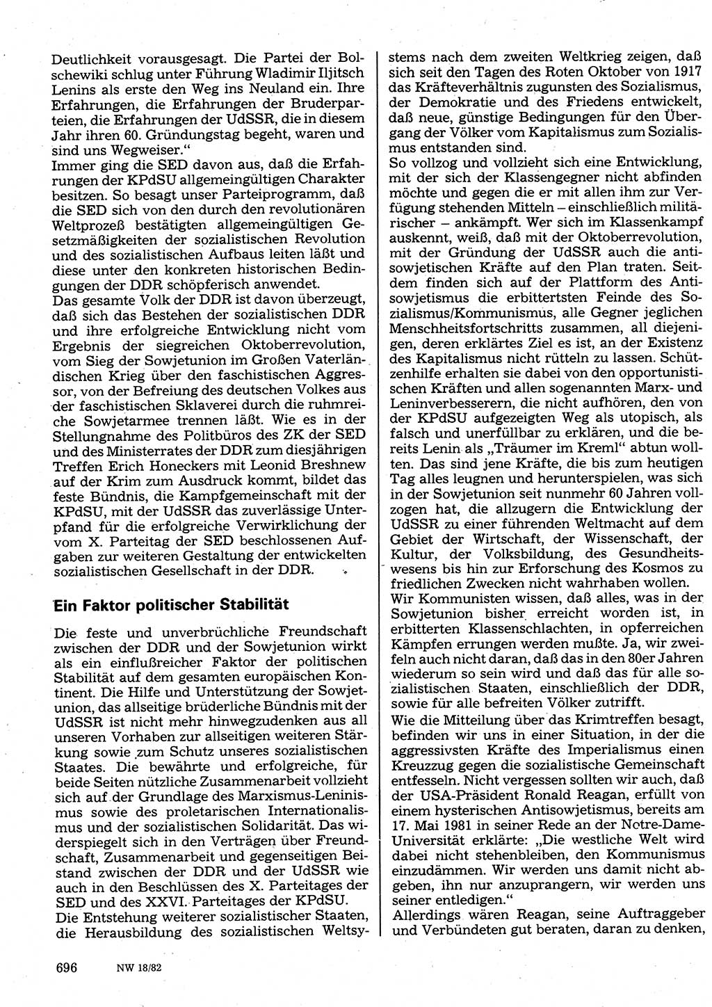 Neuer Weg (NW), Organ des Zentralkomitees (ZK) der SED (Sozialistische Einheitspartei Deutschlands) für Fragen des Parteilebens, 37. Jahrgang [Deutsche Demokratische Republik (DDR)] 1982, Seite 696 (NW ZK SED DDR 1982, S. 696)