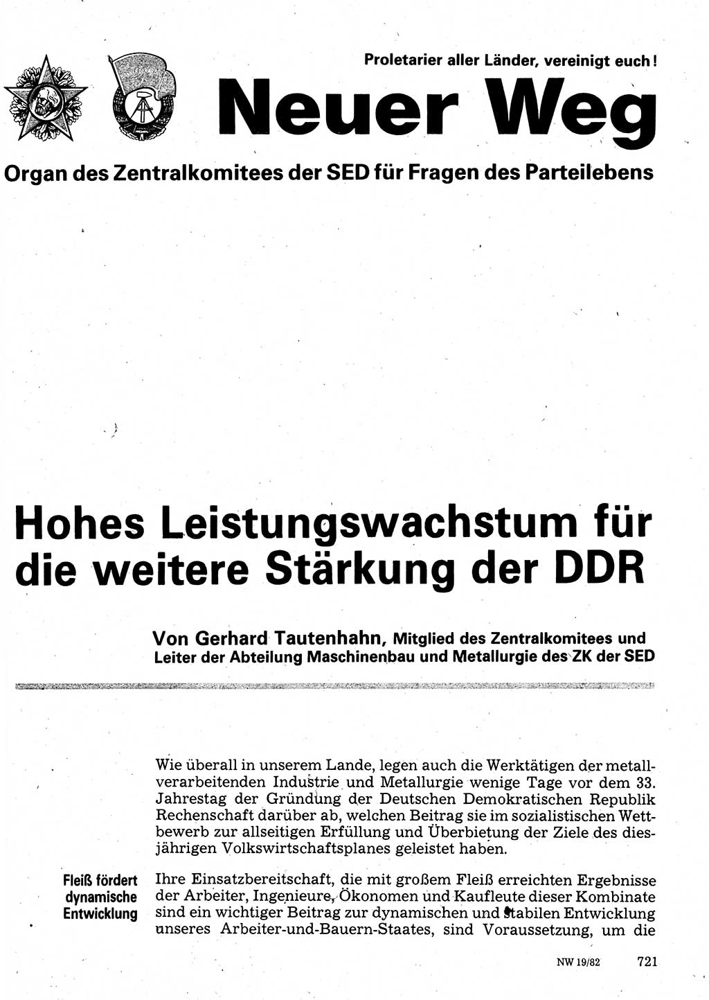 Neuer Weg (NW), Organ des Zentralkomitees (ZK) der SED (Sozialistische Einheitspartei Deutschlands) für Fragen des Parteilebens, 37. Jahrgang [Deutsche Demokratische Republik (DDR)] 1982, Seite 721 (NW ZK SED DDR 1982, S. 721)