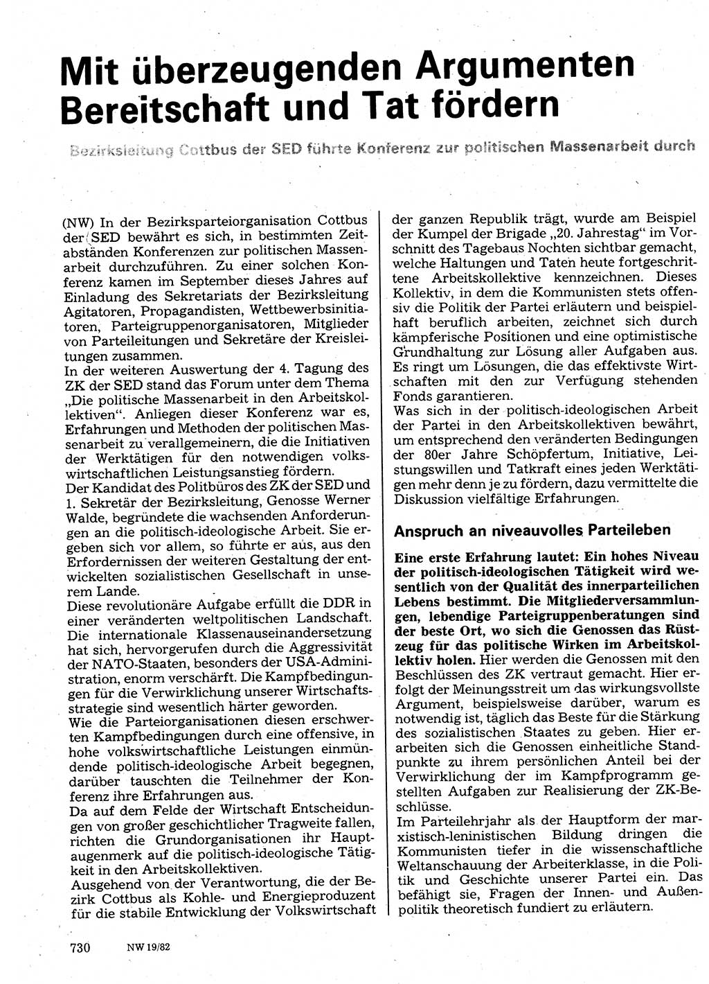 Neuer Weg (NW), Organ des Zentralkomitees (ZK) der SED (Sozialistische Einheitspartei Deutschlands) für Fragen des Parteilebens, 37. Jahrgang [Deutsche Demokratische Republik (DDR)] 1982, Seite 730 (NW ZK SED DDR 1982, S. 730)