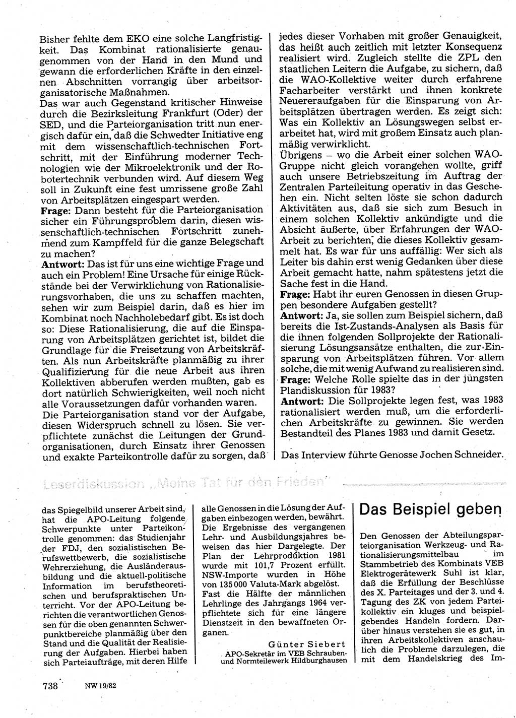 Neuer Weg (NW), Organ des Zentralkomitees (ZK) der SED (Sozialistische Einheitspartei Deutschlands) für Fragen des Parteilebens, 37. Jahrgang [Deutsche Demokratische Republik (DDR)] 1982, Seite 738 (NW ZK SED DDR 1982, S. 738)