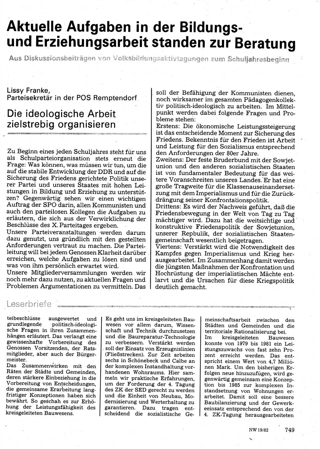 Neuer Weg (NW), Organ des Zentralkomitees (ZK) der SED (Sozialistische Einheitspartei Deutschlands) für Fragen des Parteilebens, 37. Jahrgang [Deutsche Demokratische Republik (DDR)] 1982, Seite 749 (NW ZK SED DDR 1982, S. 749)