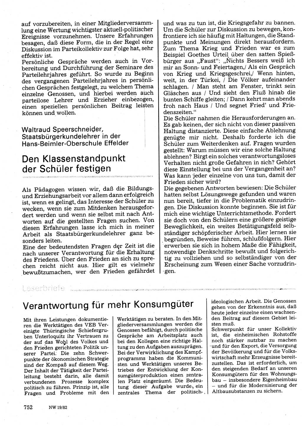 Neuer Weg (NW), Organ des Zentralkomitees (ZK) der SED (Sozialistische Einheitspartei Deutschlands) für Fragen des Parteilebens, 37. Jahrgang [Deutsche Demokratische Republik (DDR)] 1982, Seite 752 (NW ZK SED DDR 1982, S. 752)