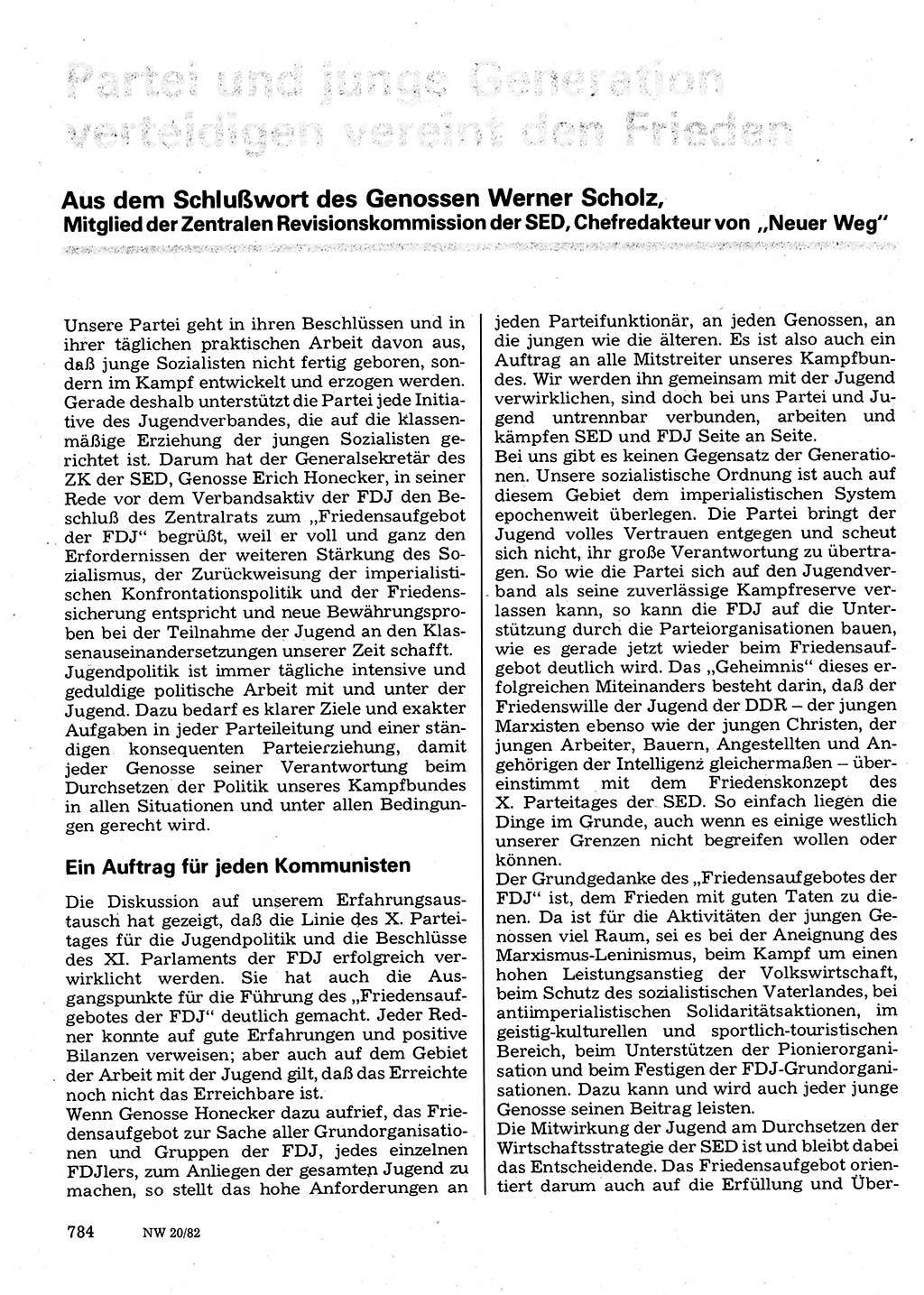 Neuer Weg (NW), Organ des Zentralkomitees (ZK) der SED (Sozialistische Einheitspartei Deutschlands) für Fragen des Parteilebens, 37. Jahrgang [Deutsche Demokratische Republik (DDR)] 1982, Seite 784 (NW ZK SED DDR 1982, S. 784)