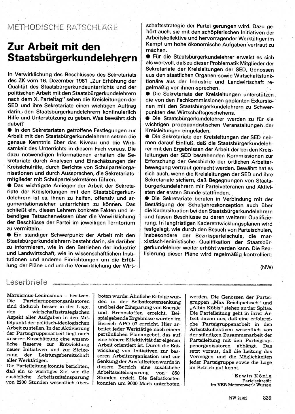 Neuer Weg (NW), Organ des Zentralkomitees (ZK) der SED (Sozialistische Einheitspartei Deutschlands) für Fragen des Parteilebens, 37. Jahrgang [Deutsche Demokratische Republik (DDR)] 1982, Seite 839 (NW ZK SED DDR 1982, S. 839)