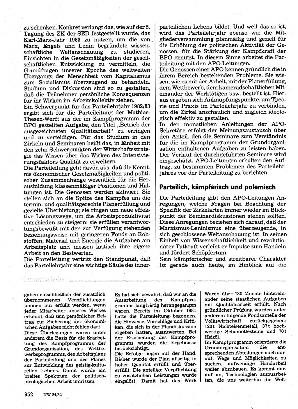 Neuer Weg (NW), Organ des Zentralkomitees (ZK) der SED (Sozialistische Einheitspartei Deutschlands) für Fragen des Parteilebens, 37. Jahrgang [Deutsche Demokratische Republik (DDR)] 1982, Seite 952 (NW ZK SED DDR 1982, S. 952)