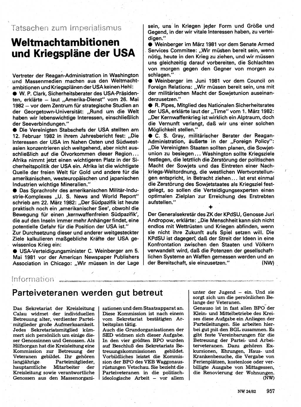 Neuer Weg (NW), Organ des Zentralkomitees (ZK) der SED (Sozialistische Einheitspartei Deutschlands) für Fragen des Parteilebens, 37. Jahrgang [Deutsche Demokratische Republik (DDR)] 1982, Seite 957 (NW ZK SED DDR 1982, S. 957)