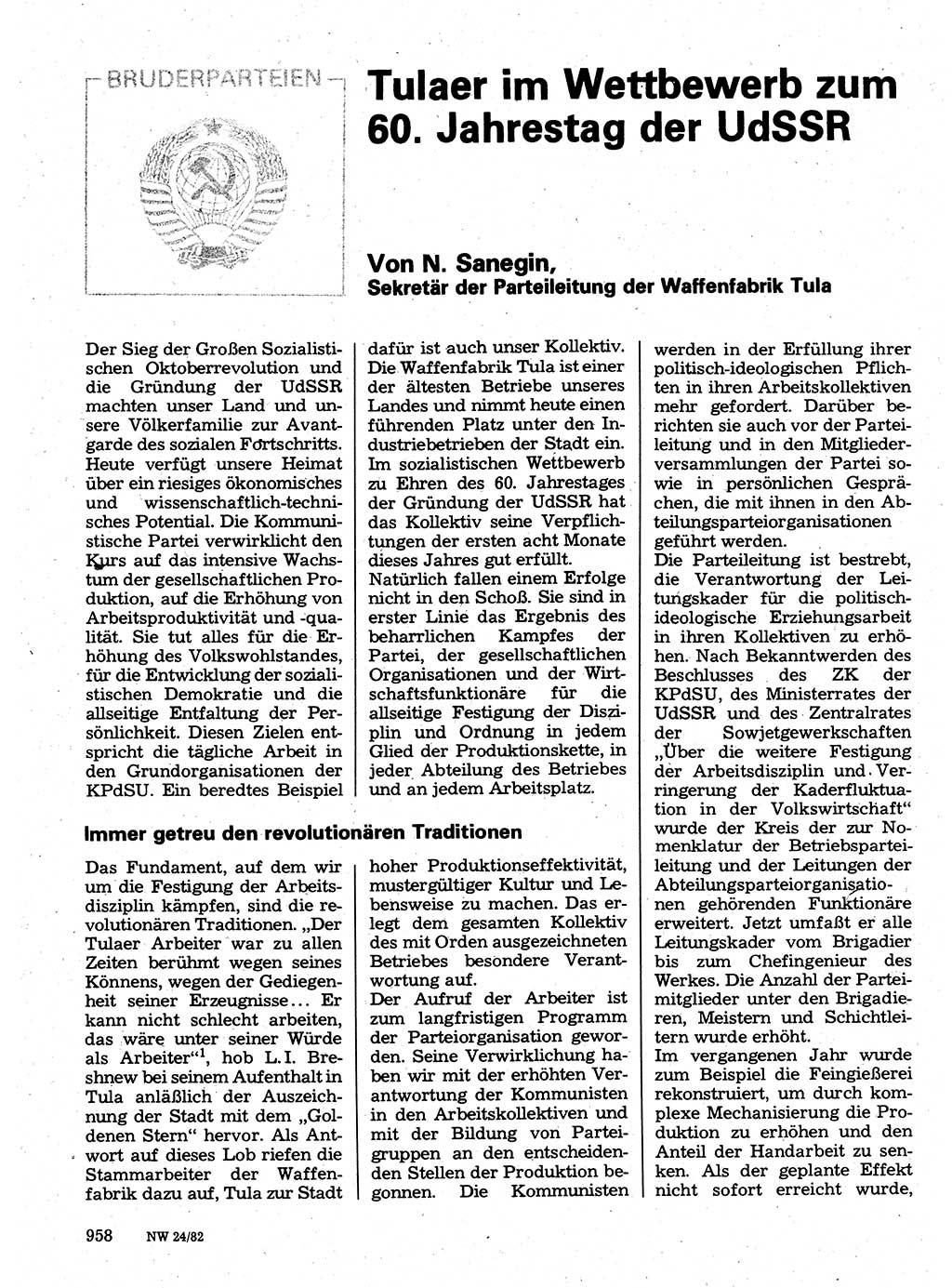 Neuer Weg (NW), Organ des Zentralkomitees (ZK) der SED (Sozialistische Einheitspartei Deutschlands) für Fragen des Parteilebens, 37. Jahrgang [Deutsche Demokratische Republik (DDR)] 1982, Seite 958 (NW ZK SED DDR 1982, S. 958)
