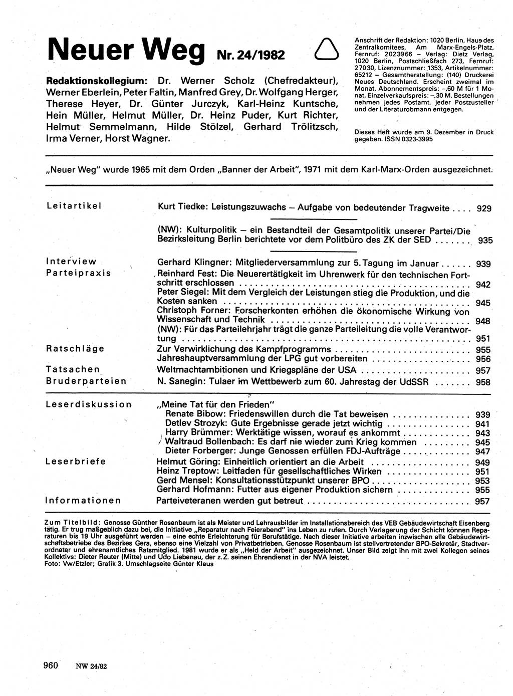 Neuer Weg (NW), Organ des Zentralkomitees (ZK) der SED (Sozialistische Einheitspartei Deutschlands) für Fragen des Parteilebens, 37. Jahrgang [Deutsche Demokratische Republik (DDR)] 1982, Seite 960 (NW ZK SED DDR 1982, S. 960)