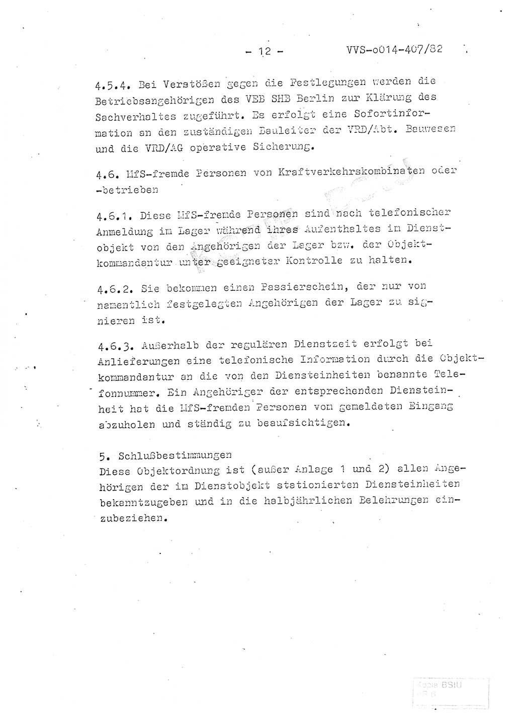 Ordnung Nr. 1/82 zur Gewährleistung von Sicherheit und Ordnung für das Objekt Berlin-Hohenschönhausen, Freienwalder Straße - Objektordnung -, Ministerium für Staatssicherheit (MfS) [Deutsche Demokratische Republik (DDR)], Hauptabteilung (HA) Ⅸ, Leiter, Verantwortlicher für das Dienstobjekt (DO) Berlin-Hohenschönhausen, Freienwalder Straße, Vertrauliche Verschlußsache (VVS) o014-407/82, Berlin 1982, Seite 12 (Obj.-Ordn. 1/82 DO Bln.-HsH. MfS DDR HA Ⅸ Ltr. VVS o014-407/82 1982, S. 12)