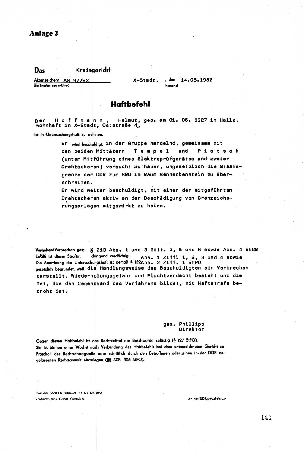 Strafprozessuale und taktisch-methodische Grundfragen der Freiheitsentziehung im Ermittlungsverfahren [Deutsche Demokratische Republik (DDR)] 1982, Seite 141 (Strafproz. Grundfr. EV DDR 1982, S. 141)