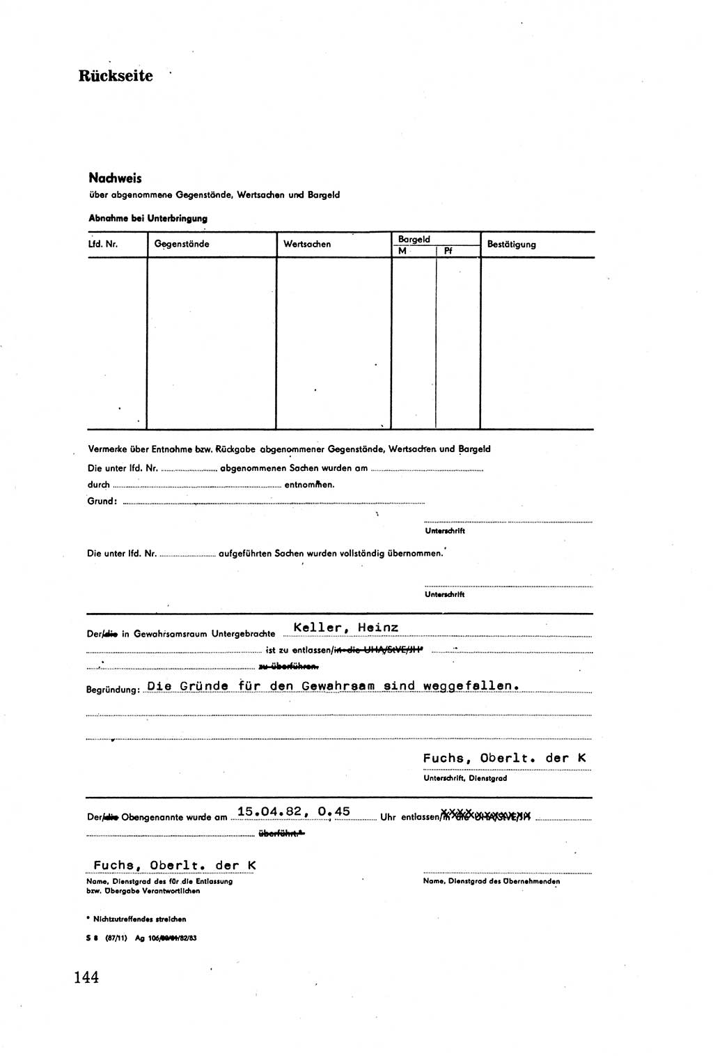 Strafprozessuale und taktisch-methodische Grundfragen der Freiheitsentziehung im Ermittlungsverfahren [Deutsche Demokratische Republik (DDR)] 1982, Seite 144 (Strafproz. Grundfr. EV DDR 1982, S. 144)