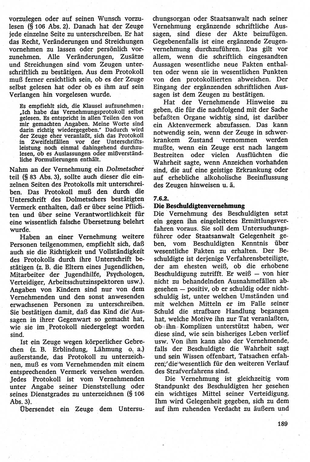 Strafverfahrensrecht [Deutsche Demokratische Republik (DDR)], Lehrbuch 1982, Seite 189 (Strafverf.-R. DDR Lb. 1982, S. 189)