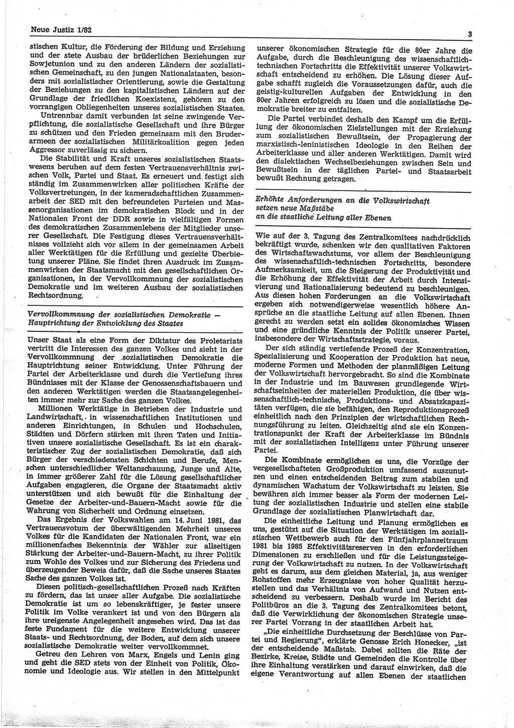 Neue Justiz (NJ), Zeitschrift für sozialistisches Recht und Gesetzlichkeit [Deutsche Demokratische Republik (DDR)], 36. Jahrgang 1982, Seite 3 (NJ DDR 1982, S. 3)